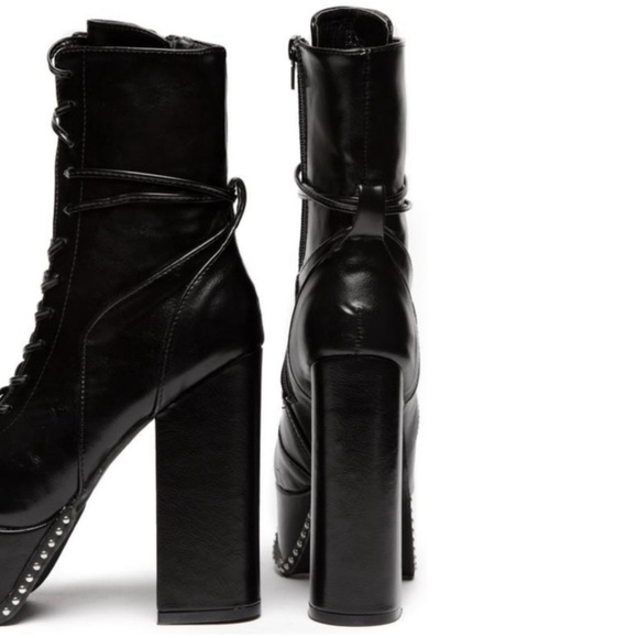 🆕BLACK LEATHER CHUNKY HEEL BEADED PLATFORM LACE-UP IT GIRL CULT STOMPER BOOTS - Picture 5 of 16